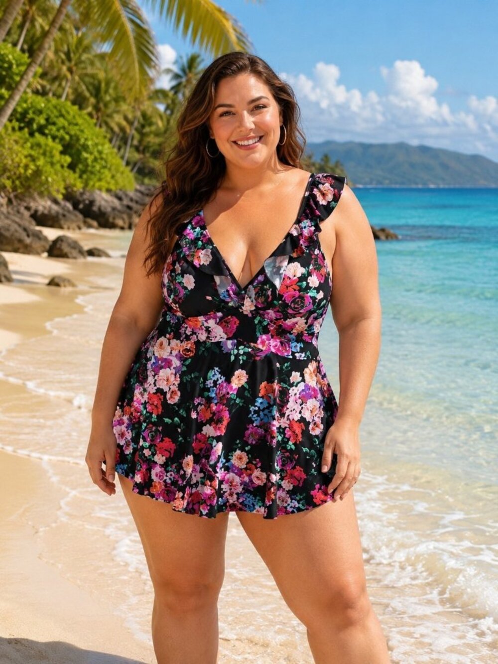 Torrid Wireless Black Floral Ruffle One Piece Swimsuit Swim Dress plus 3 3x
